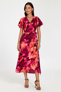 Abstract Print Wrap Maxi Dress In Burgundy