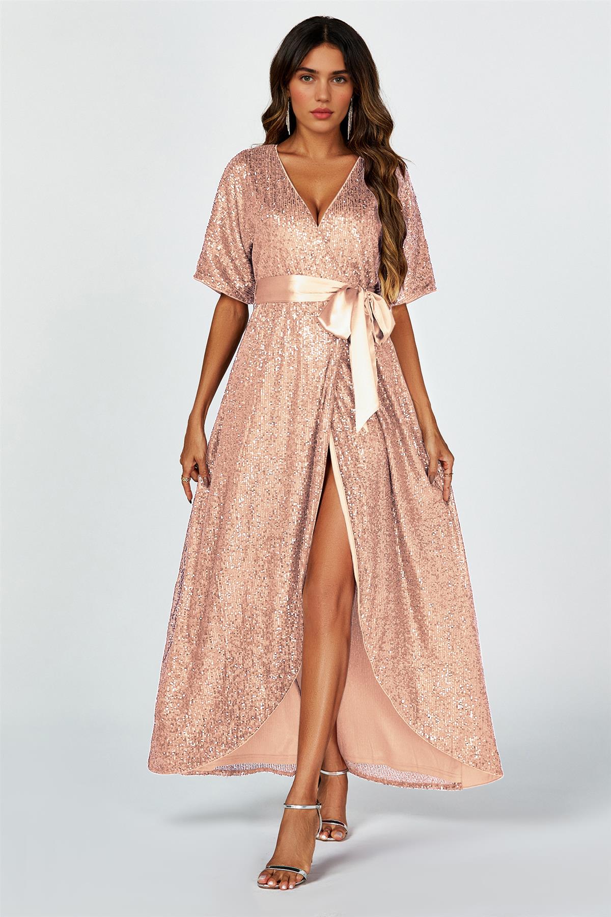 Wrap Style Sequin Maxi Dress In Gold