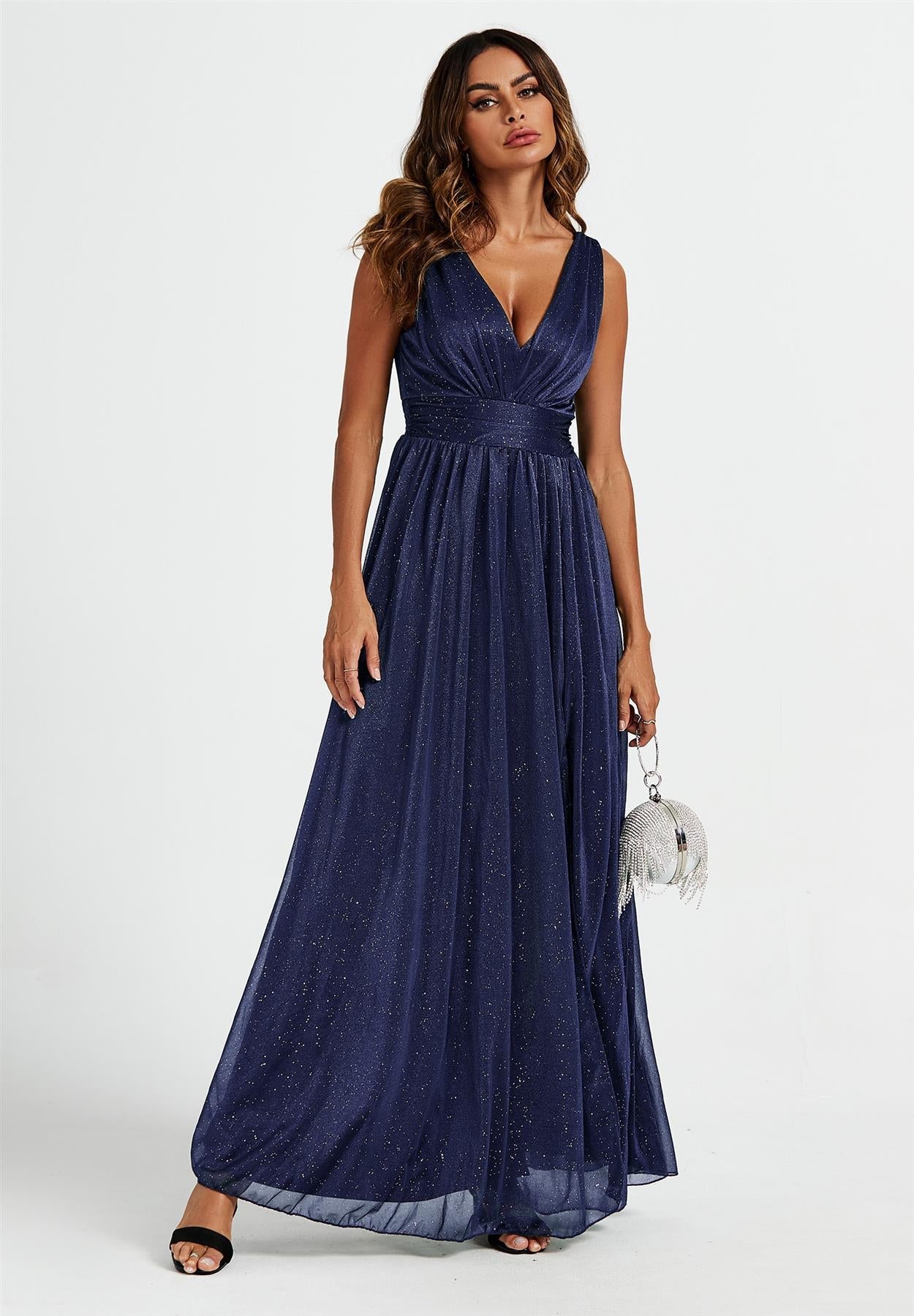 Sparkly V Neck Bridesmaid Maxi Dress In Navy