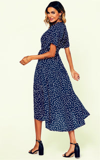 Polka Dot Hem Tiered Wrap Midi Dress In Navy