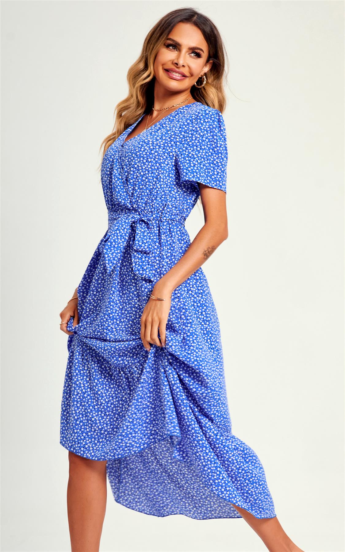 White Little Flower Print Short Sleeve Wrap Style Midi Dress In Blue