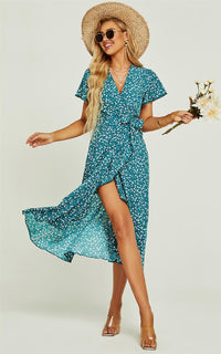 Angel Sleeve Wrap Midi Dress In Green Floral Print