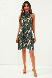 Leaf Print Halter Neck Tie Back Mini Dress In Green