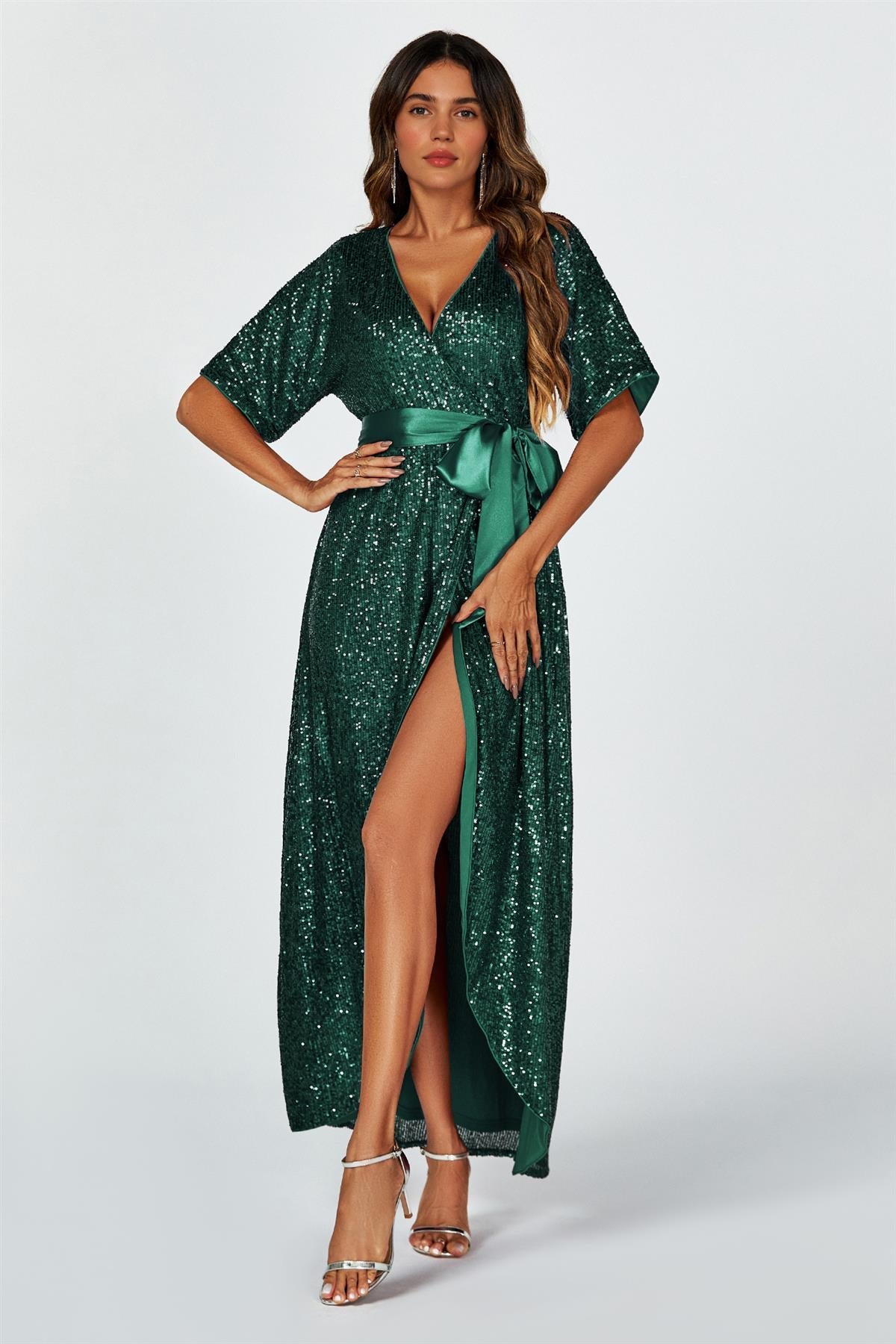 Wrap Style Sequin Maxi Dress In Green