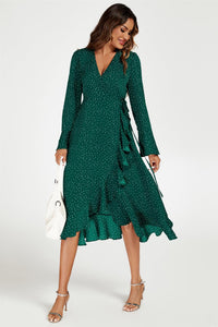 Dot Print Wave Front Frill Wrap Midi Dress In Green