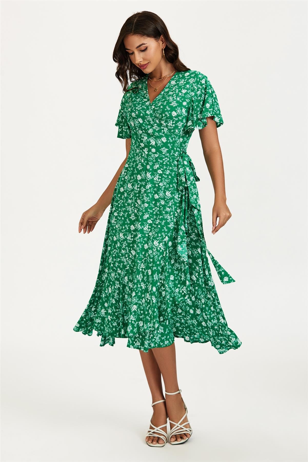 Floral Print Midi Wrap Dress In Green