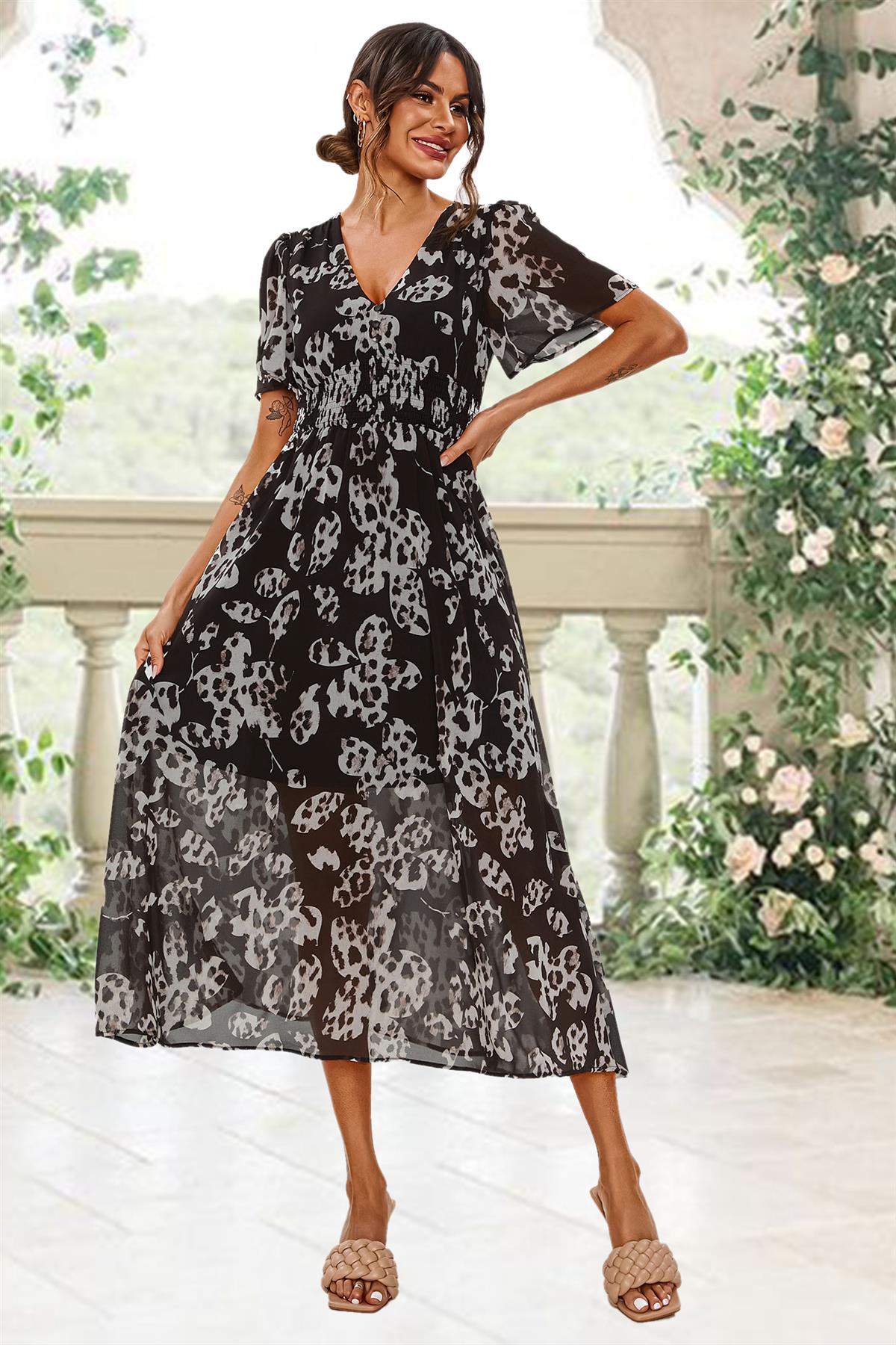 Leopard Floral Print Angel Sleeve Maxi Dress In Black