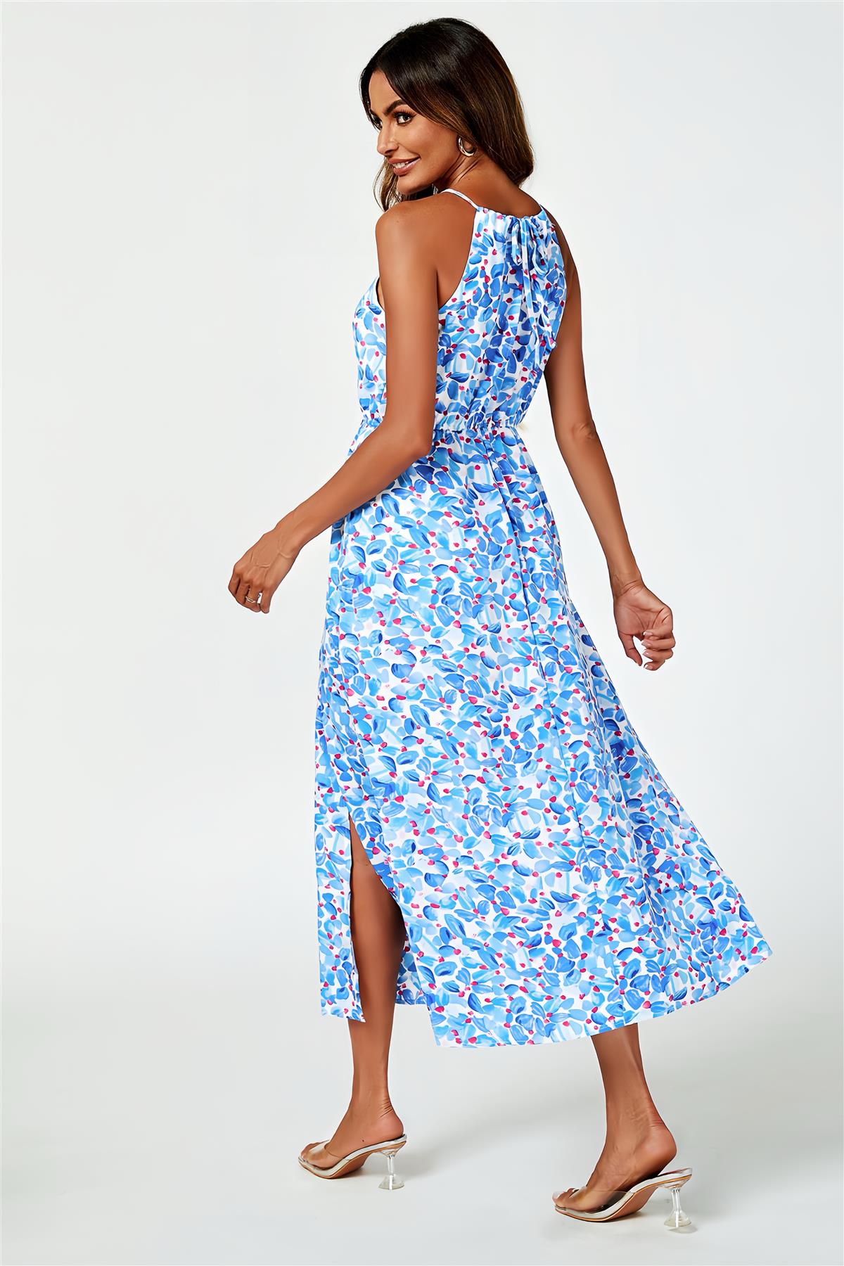 Tie Halterneck Floral Print Split Maxi Dress In Blue