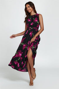 Floral Print Halterneck Maxi Dress In Black