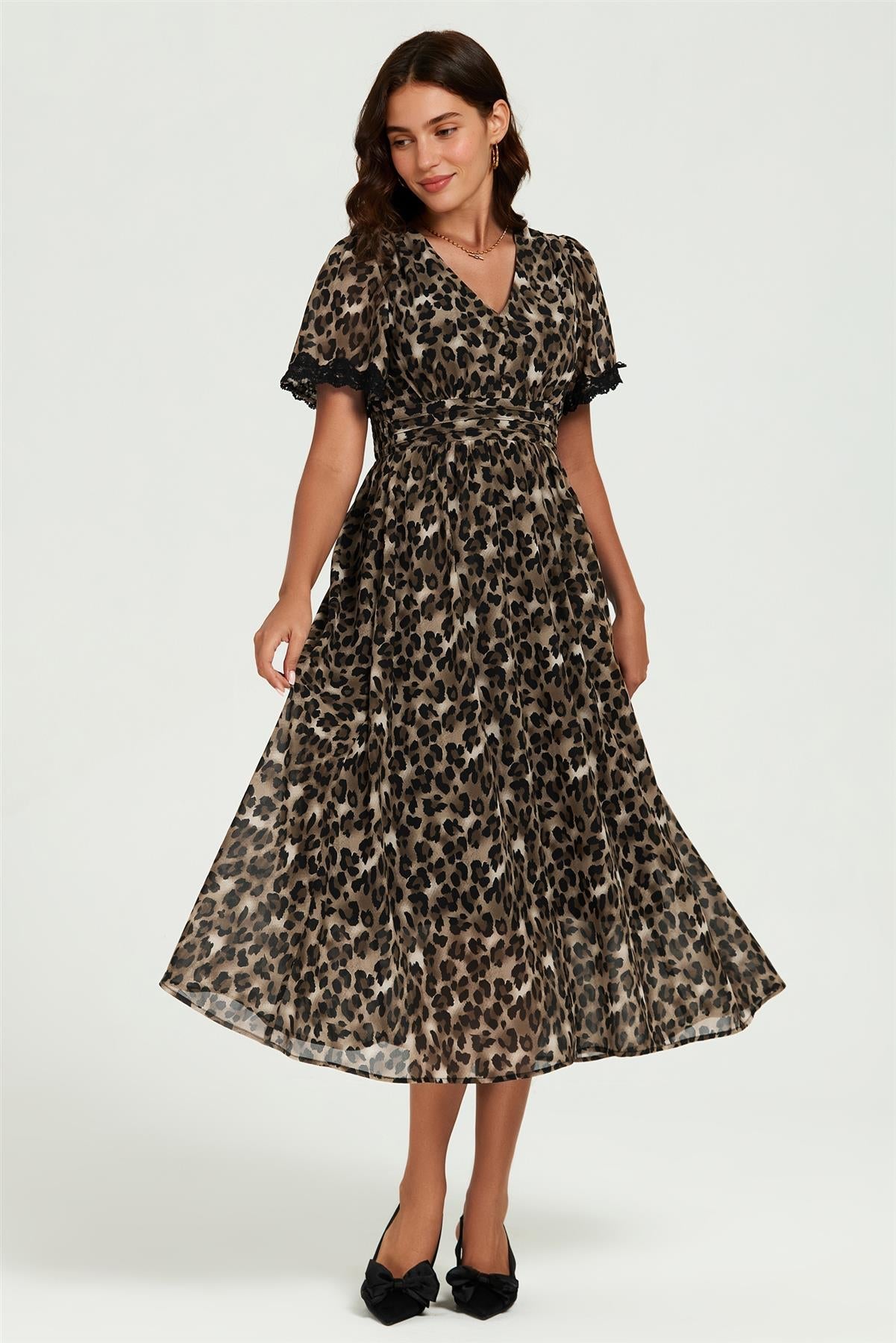 Leopard Print Lace Trim On Sleeve Midi Dress In Brown