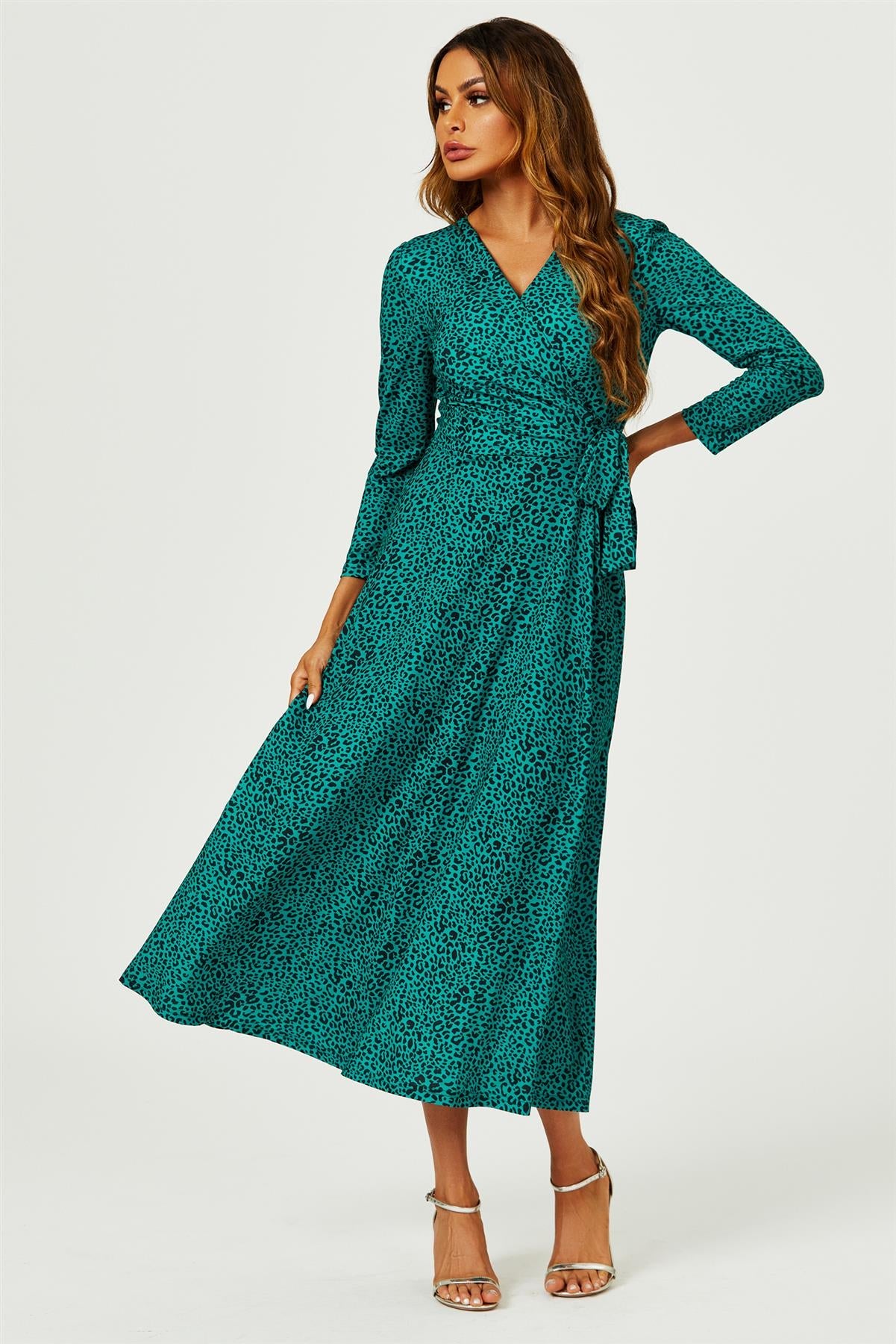Green Leopard Print Wrap Top Midaxi Dress