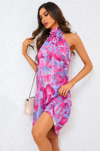 Abstract Floral Print Halter Neck Tie Back Mini Dress In Pink
