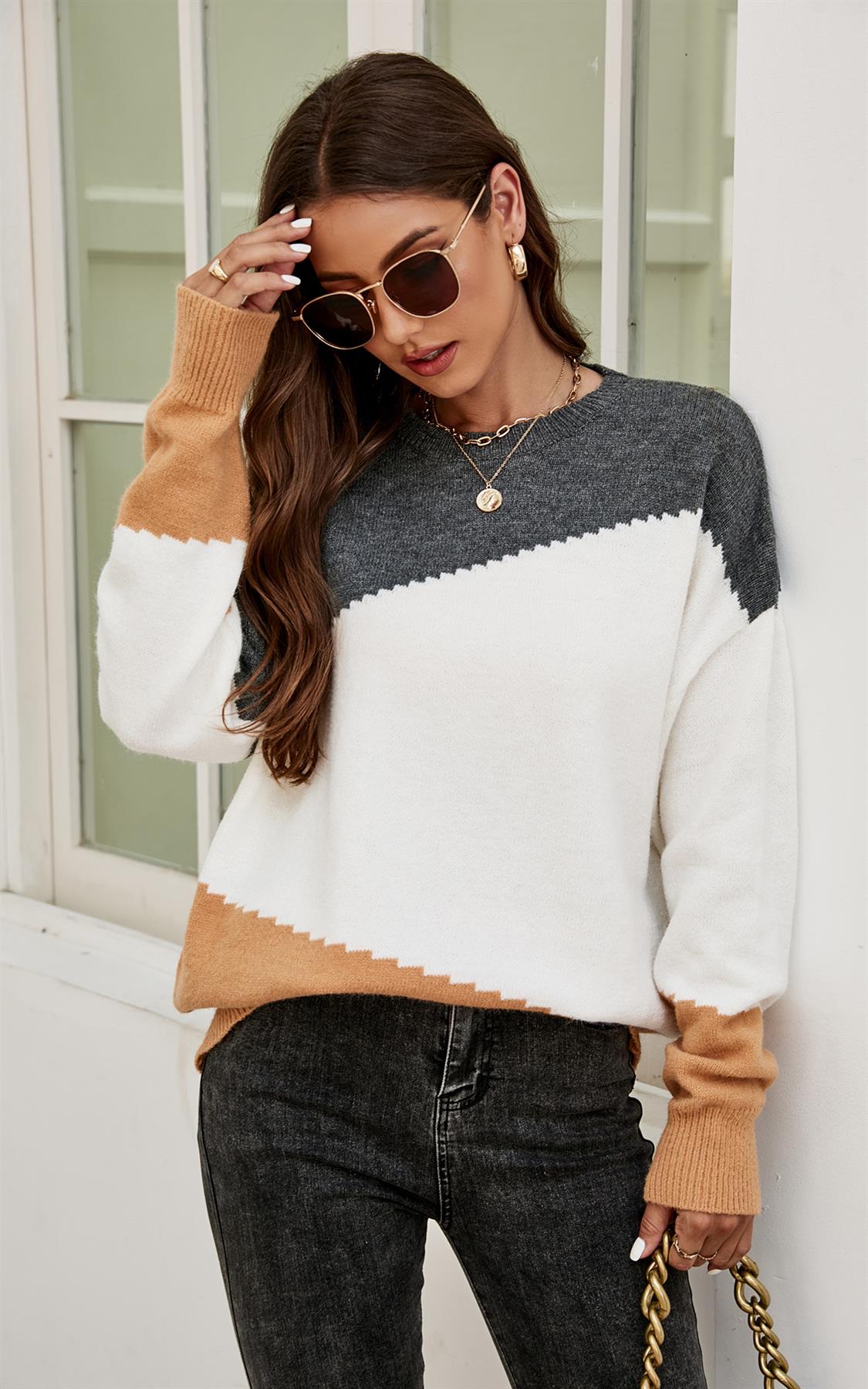 Grey & Camel Block Colour Jumper Top In Beige
