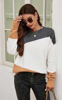 Grey & Camel Block Colour Jumper Top In Beige
