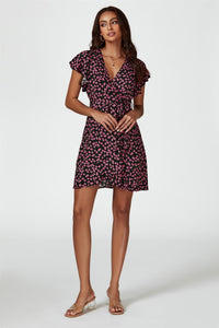 Floral Print Wrap Top Dress In Black