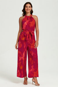 Abstract Print Halter Neck Jumpsuit In Red