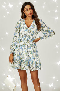 Floral Print ruffle Hem long sleeve Mini Dress In White