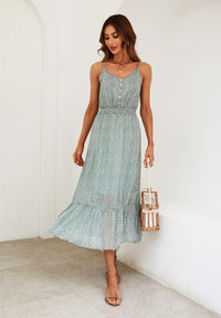 Leopard Print Button Detail Strappy Maxi Dress In Green