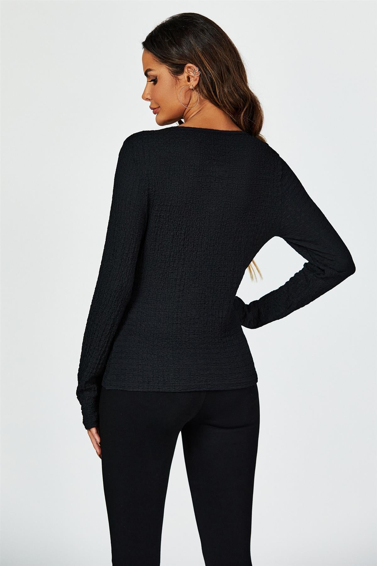 Button Down Ruched Stretch Long Sleeves Top In Black