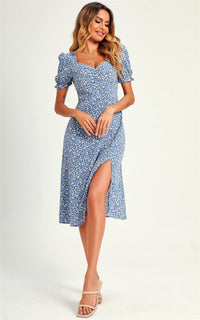 Little Flora Print Tie Front Slip Leg Dress In Blue