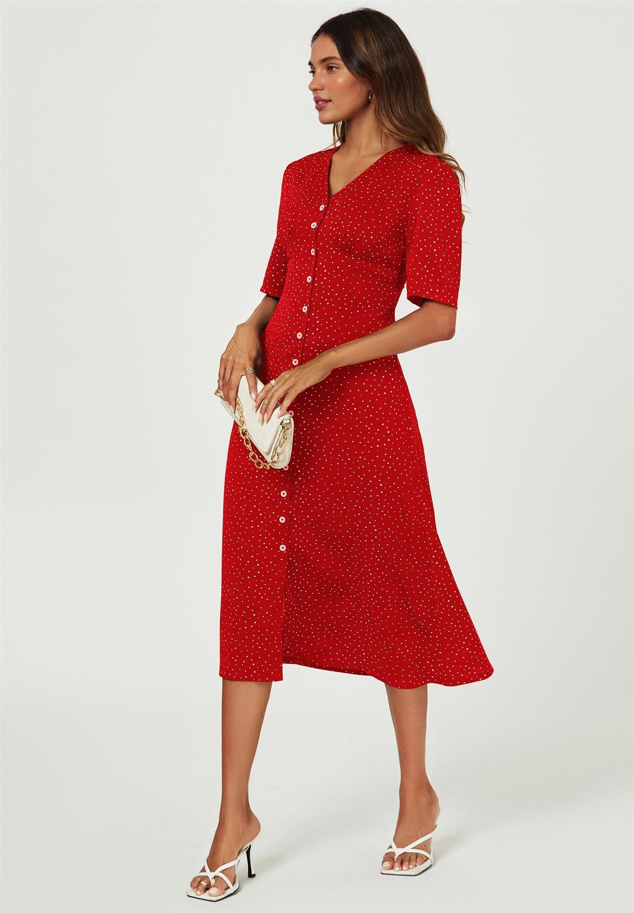 Dot Print Button Front Midi Dress In Red