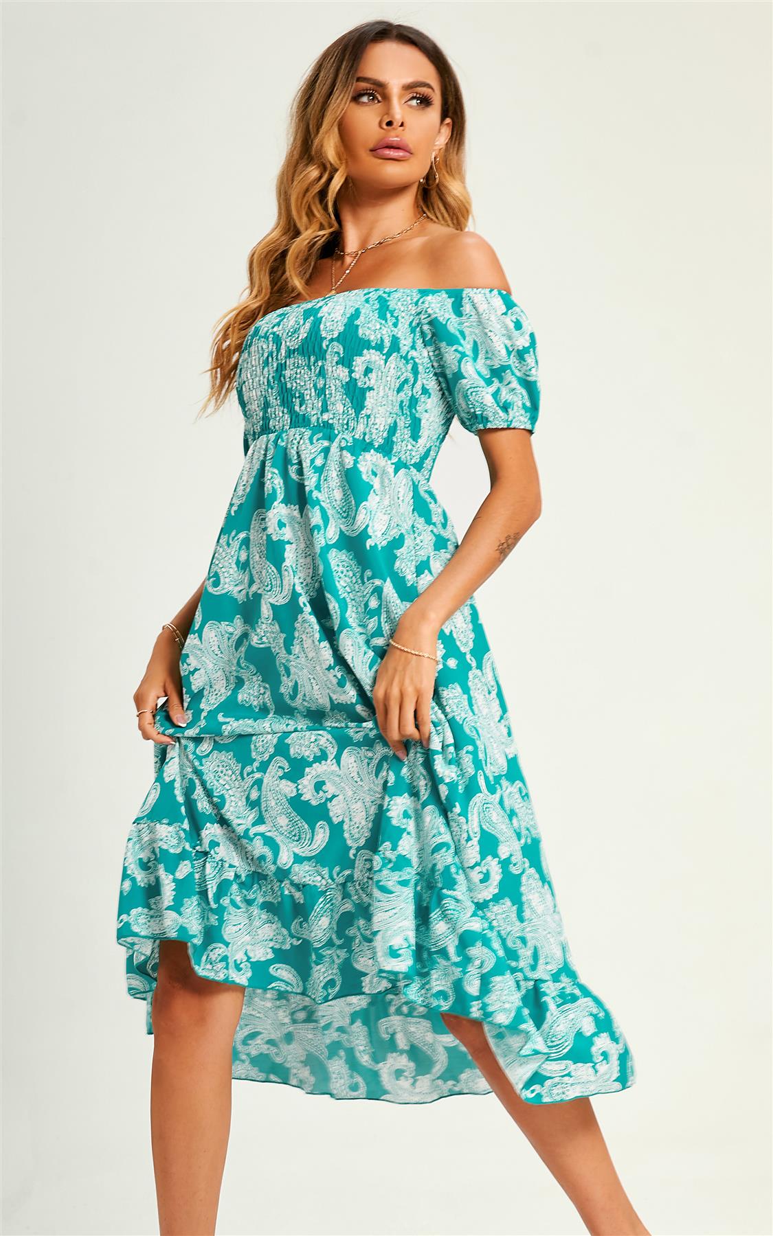 Bardot Puff Sleeve Elasticated Detail Midi Dress In Turquoise Green