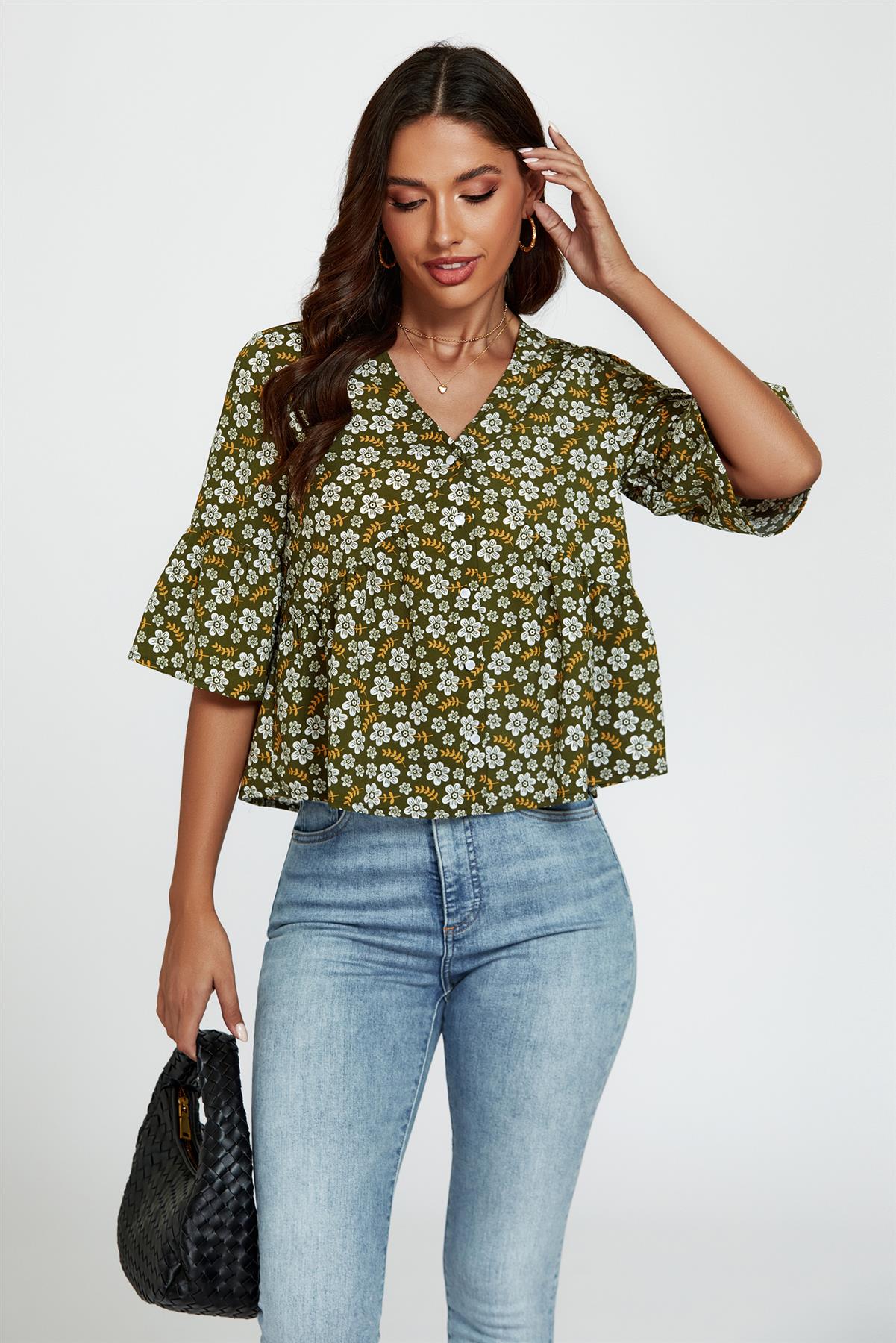 Floral Print Short Sleeves Crop Top In Olive