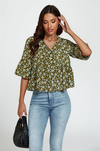Floral Print Short Sleeves Crop Top In Olive