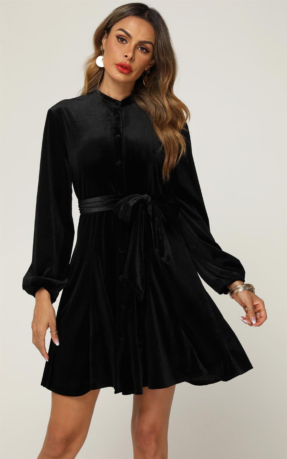 Velvet High Neck Long Sleeve Button Down Mini Dress In Black