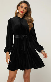 Velvet High Neck Long Sleeve Button Down Mini Dress In Black
