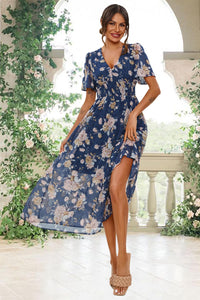Floral Print Angel Sleeve Maxi Dress In Blue
