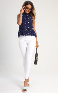 Hem Frill Detail Halter Neck Tie Back Top In Navy