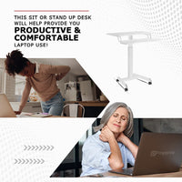 ProperAV Two Tier Mobile Desk Trolley Workstation with Gas Spring Height Adjustment - White