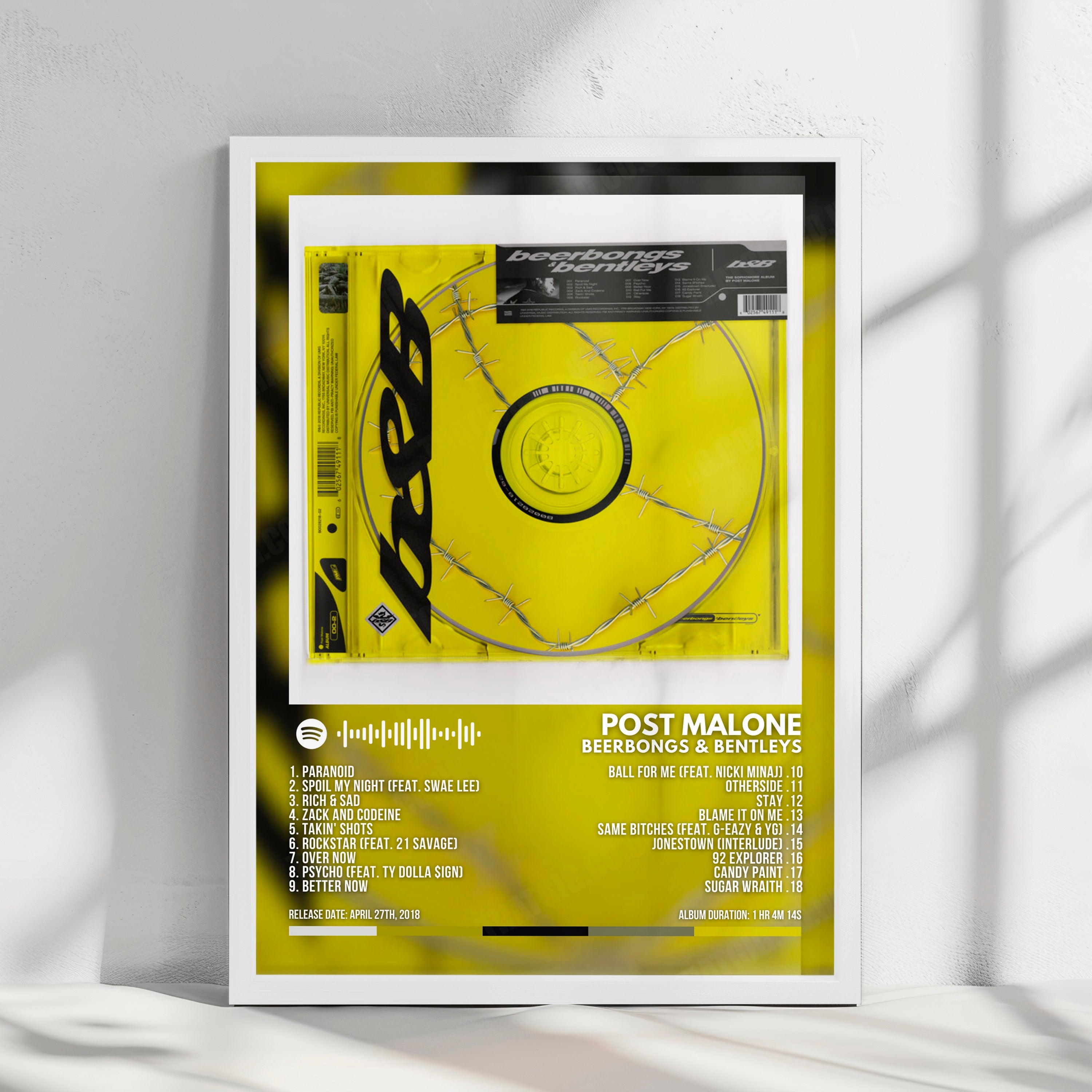 Post Malone "Beerbongs & Bentleys" Album Cover Poster - with Complete Tracklist