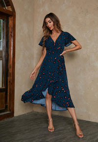 Leopard Print Wrap Hem Midi Dress In Blue