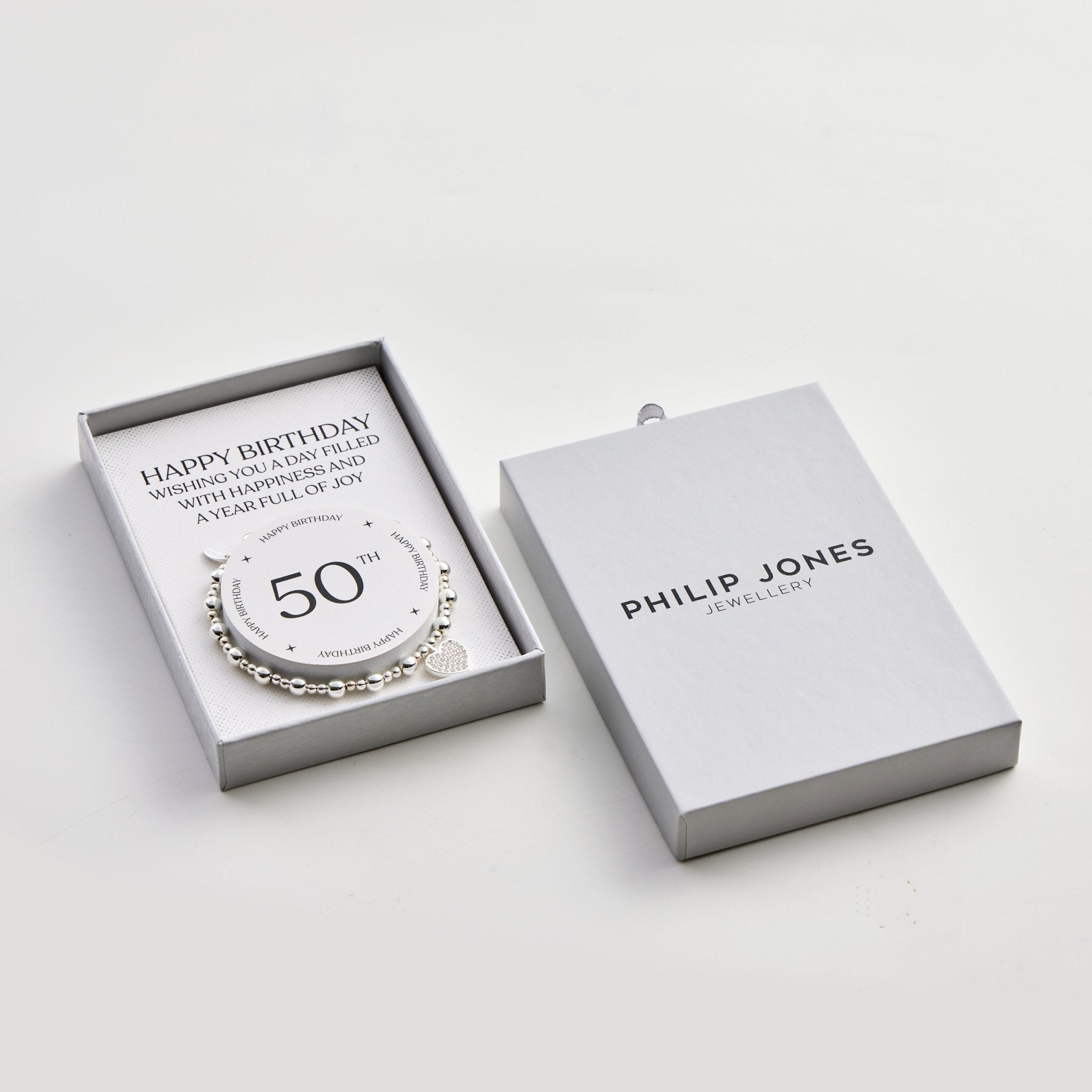 50th Birthday Heart Charm Stretch Bracelet with Quote Gift Box