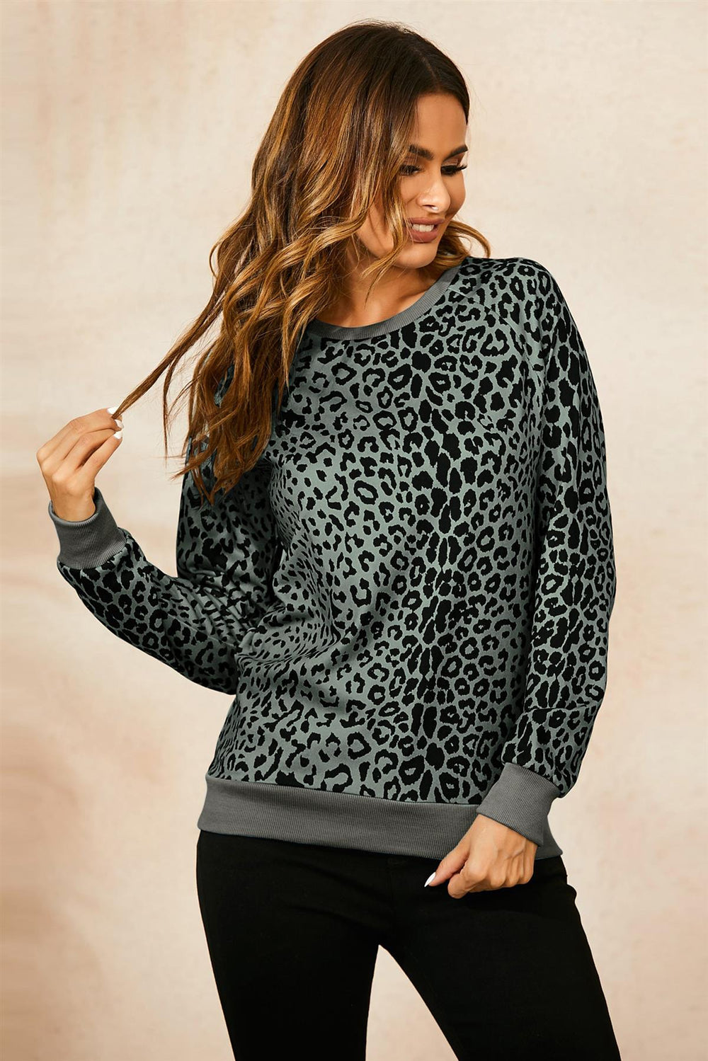 Olive Green Top In Black Animal Print