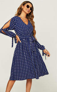 Cold Shoulder Tie Detail Long Sleeve Midi Pleated Dress In Navy Polka Dot
