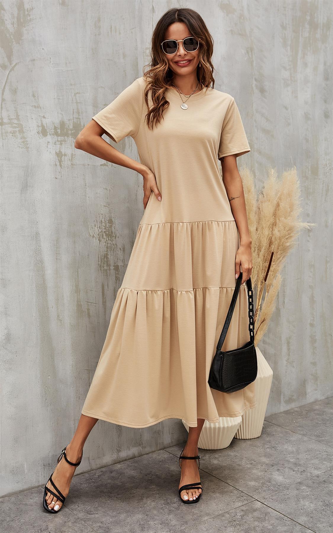 Tiered Midi Oversized Tshirt Dress In Beige