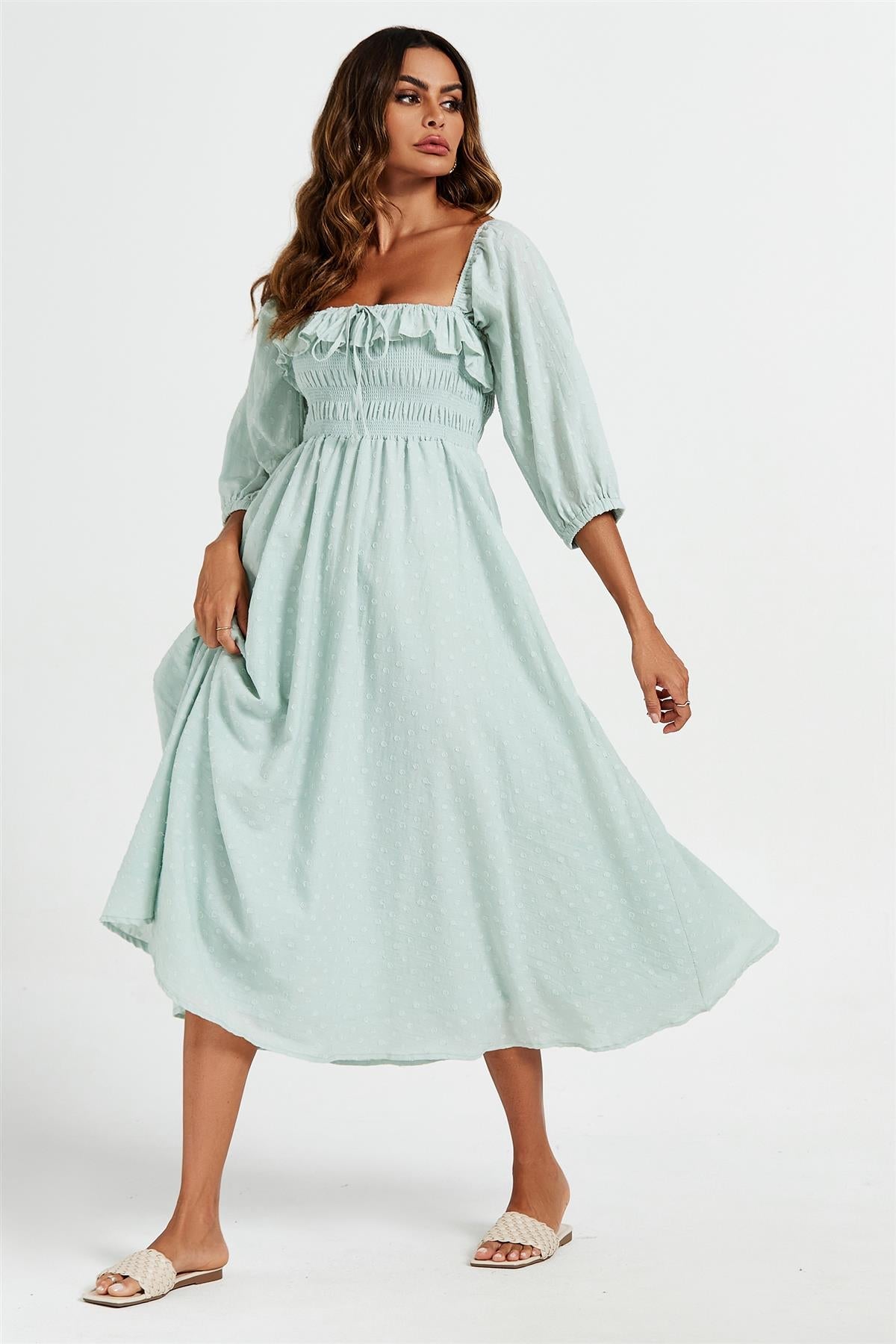 Frill Detail Square Neckline Midi Dress In Light Green