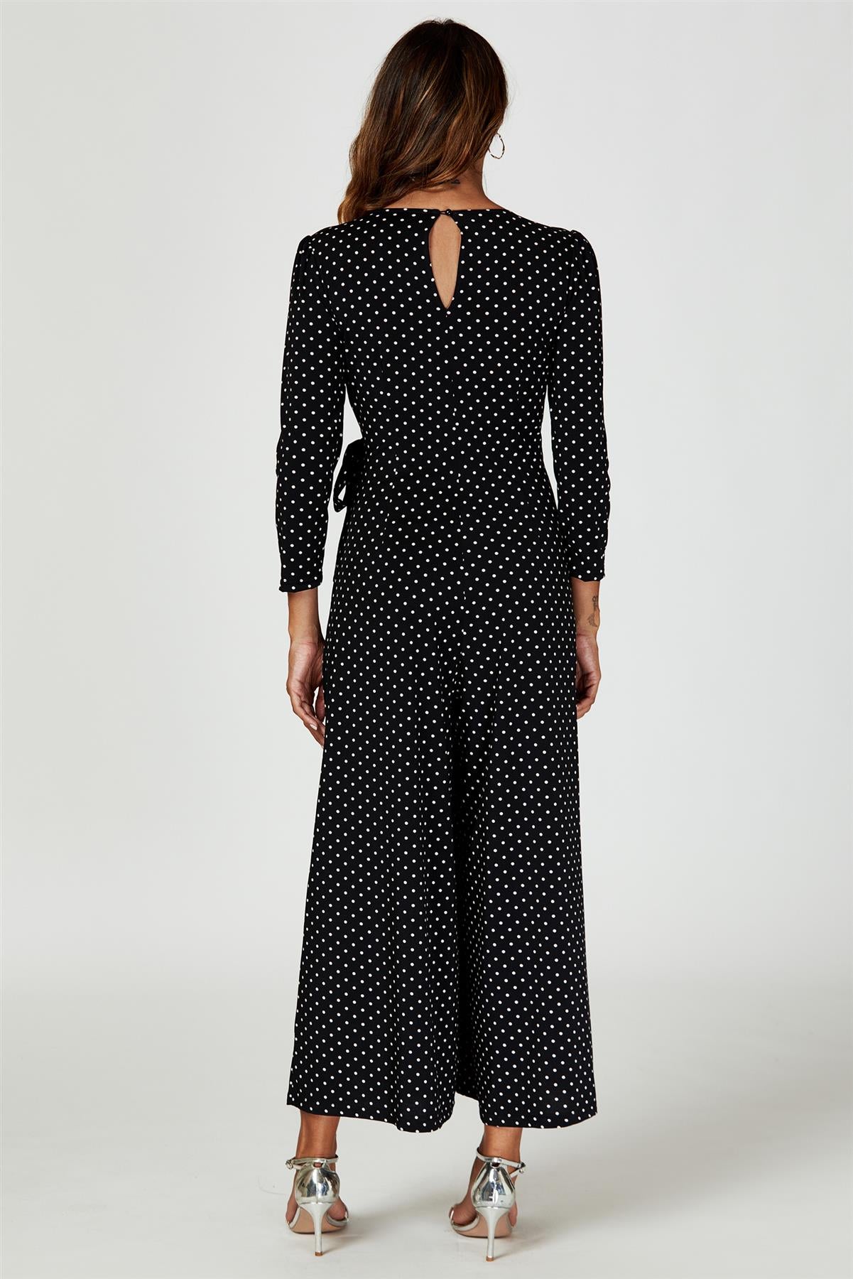 Dot Print Wrap Top Jersey Jumpsuit In Black
