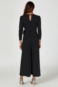 Dot Print Wrap Top Jersey Jumpsuit In Black