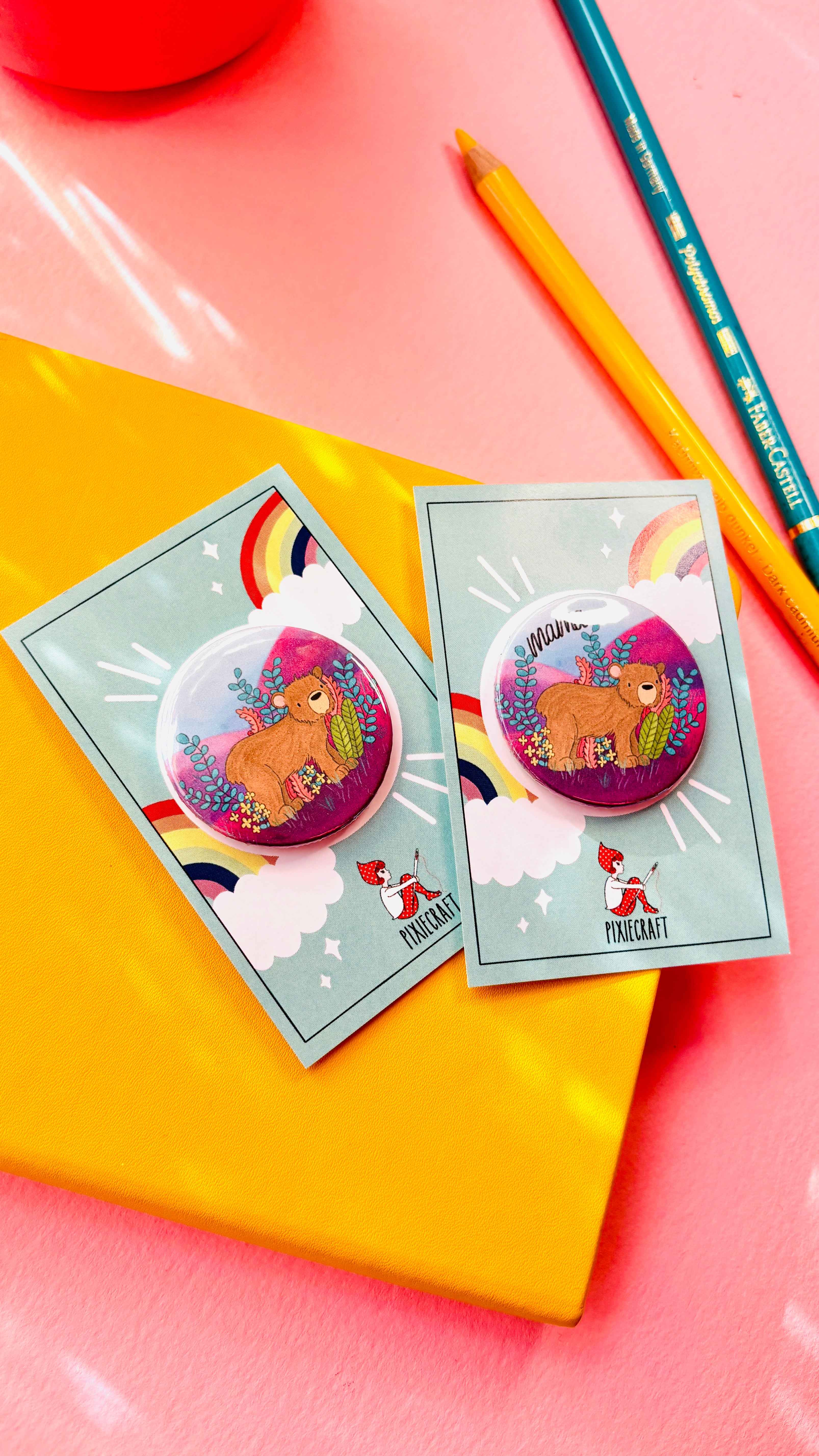 Brown Bear Illustrated Art Vibrant Pin Badge or Magnet- Multiple options available