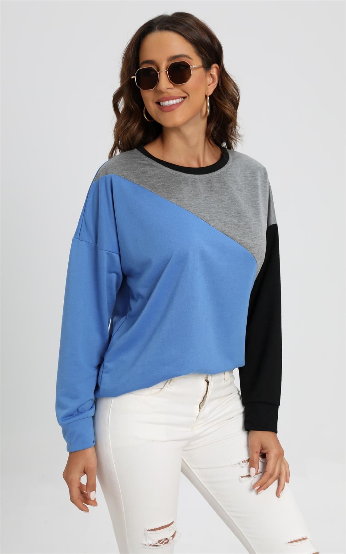 Grey Black Colour Block Oversized Top In Blue