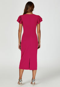 Volume Sleeve Bodycon Midi Dress In Fuchsia
