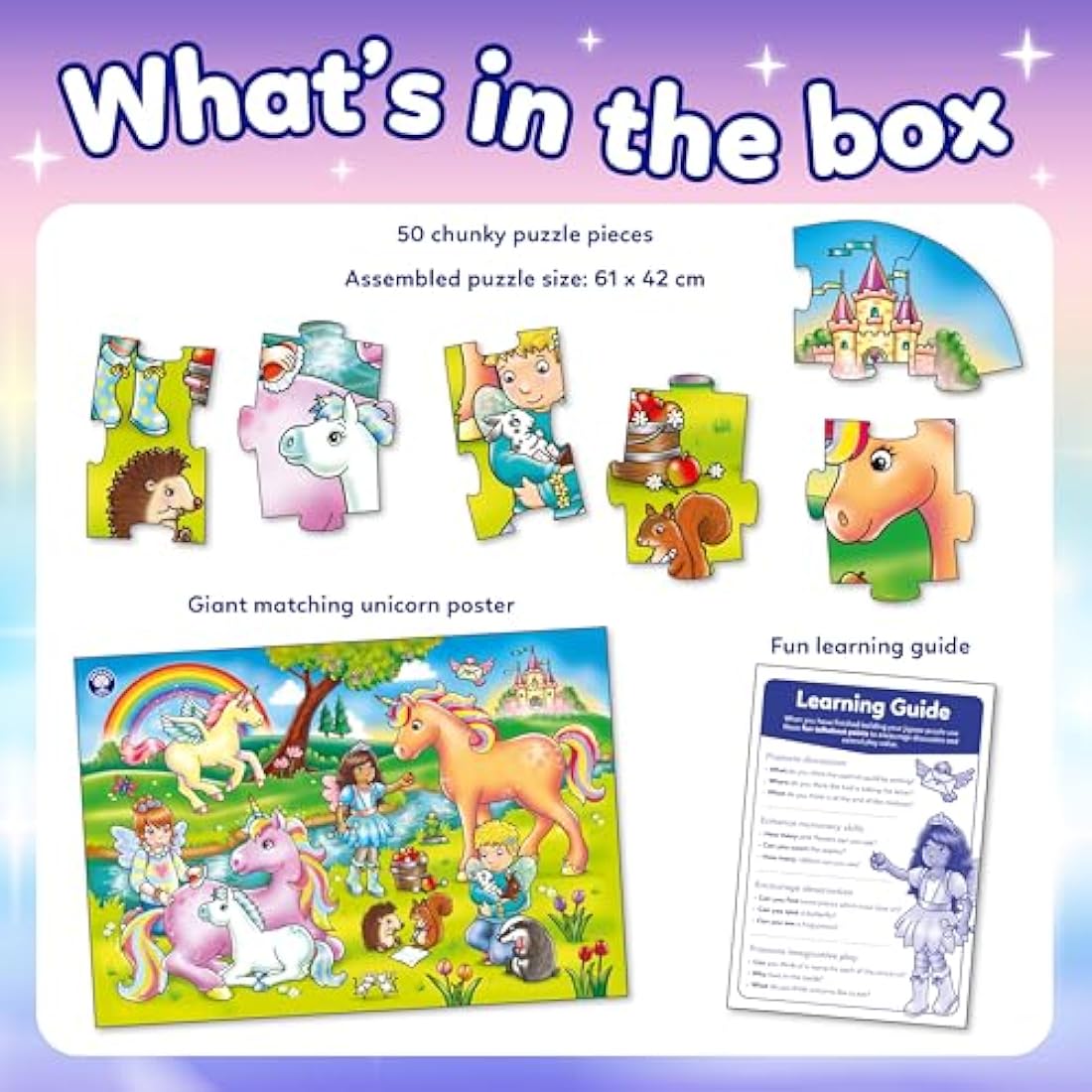 Orchard Toys Unicorn Friends Jigsaw Puzzles for Kids - 50-Piece Unicorn Puzzle for 4+ Year Olds with Giant Poster and Learning Guide - Unicorn Gifts for Girls, Boys, Toddlers, Children - Age 4-7 years