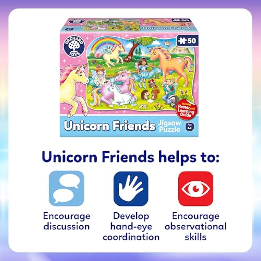 Orchard Toys Unicorn Friends Jigsaw Puzzles for Kids - 50-Piece Unicorn Puzzle for 4+ Year Olds with Giant Poster and Learning Guide - Unicorn Gifts for Girls, Boys, Toddlers, Children - Age 4-7 years