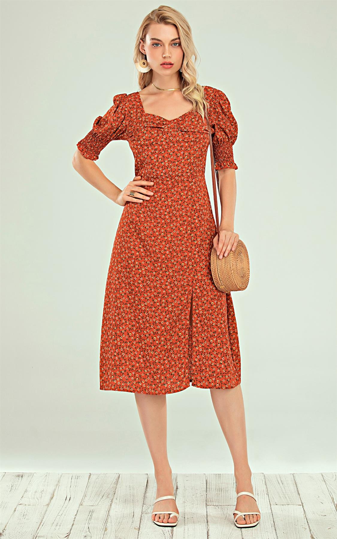 Short Sleeve Split Leg Midi Dress In Red Ditsy Floral Print