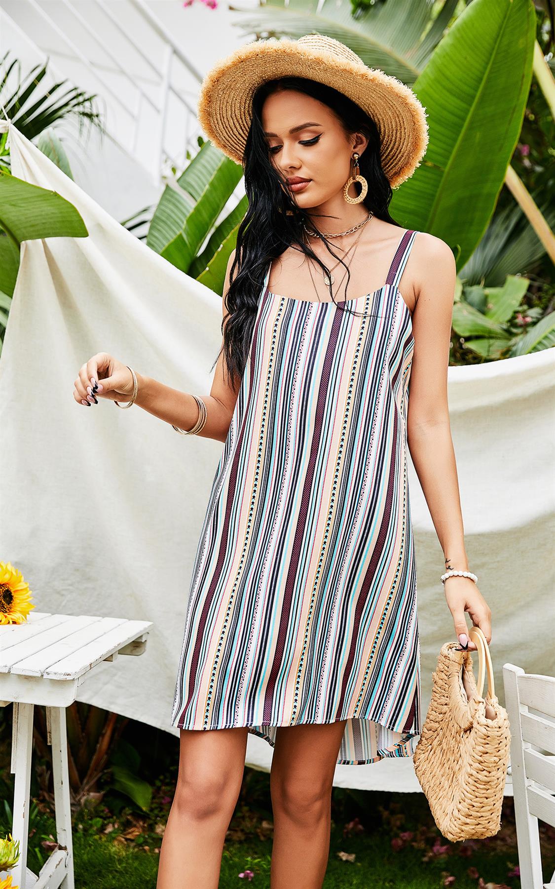 Striped Print Strappy Dress In White & Beige & Mint & Black & Red