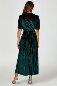 Gold Foil Velvet Wrap Maxi Dress In Green